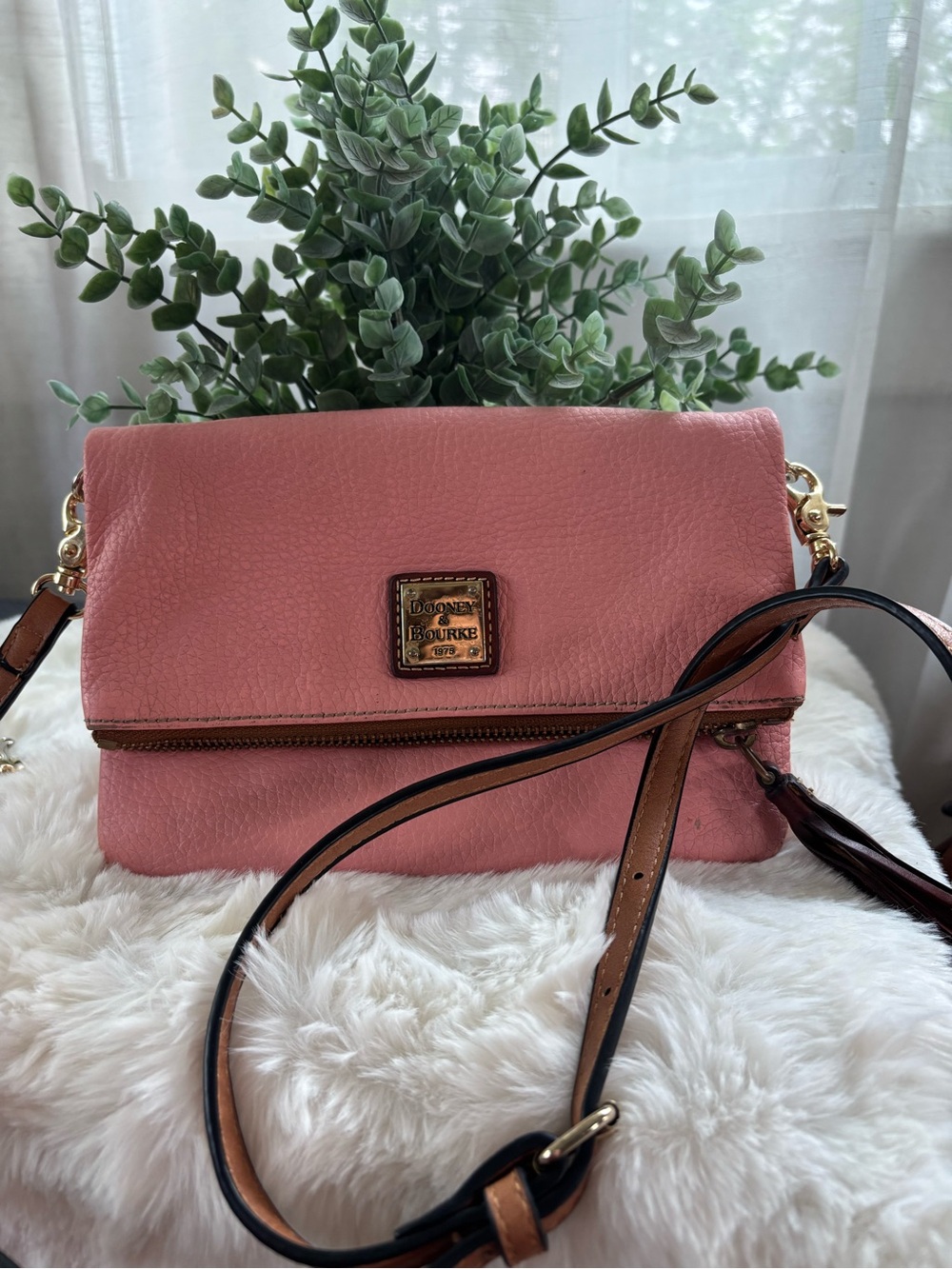 Dooney & Bourke Pink Leather Fold-Over Crossbody with Gold Hardware